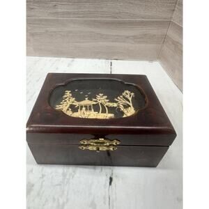 vintage Oriental Wooden Trinket Box 3D Cork Art Diorama Pagoda Cranes Trees